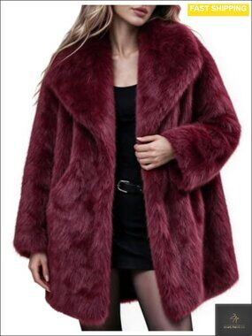 Womens Faux Fur Coat Mid Long Lapel Warm Winter Furry Jacket